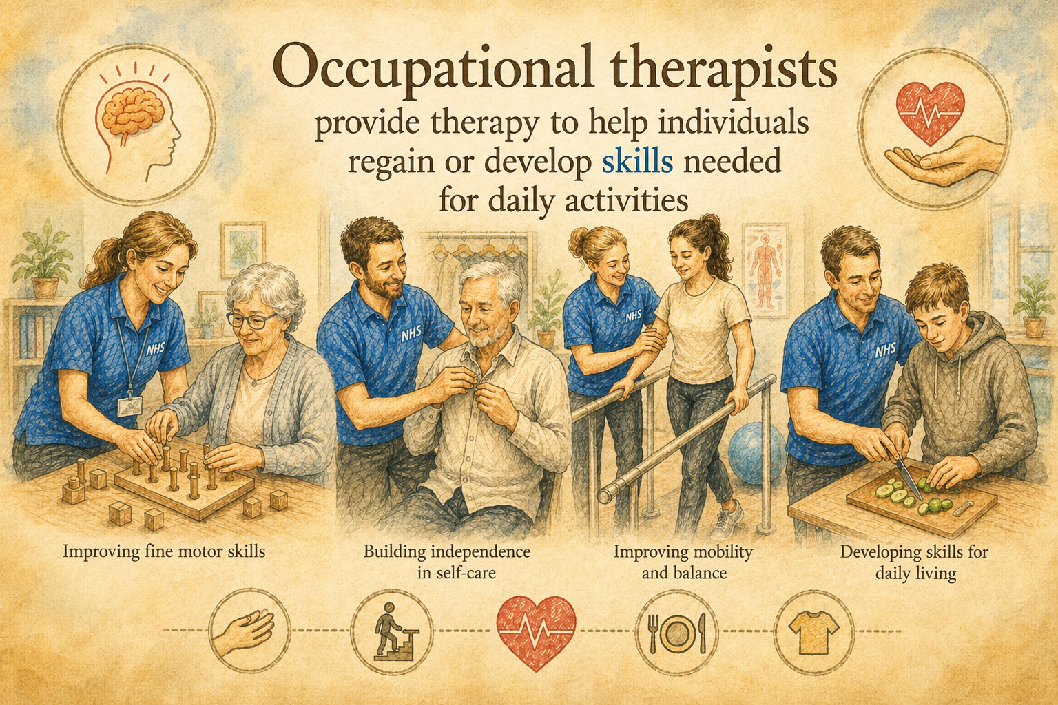 Occupational therapists provide therapy to help individuals regain or develop skills needed for daily activities