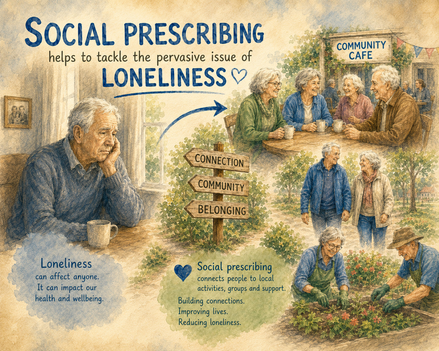 Watercolour illustration showing how social prescribing helps reduce loneliness through community cafés, walking groups, volunteering and social connection